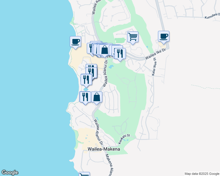 map of restaurants, bars, coffee shops, grocery stores, and more near 39 Makakehau Street in Kihei