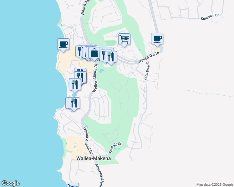 map of restaurants, bars, coffee shops, grocery stores, and more near 3898 Waakaula Place in Kihei