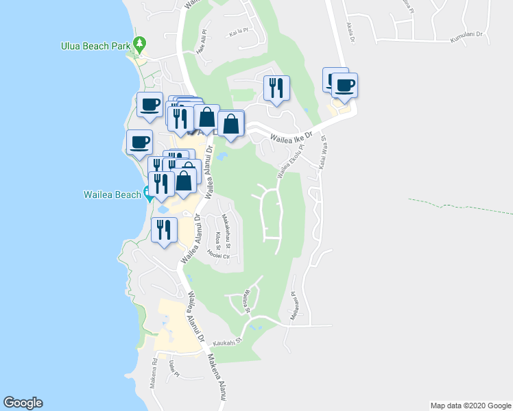 map of restaurants, bars, coffee shops, grocery stores, and more near 3904 Waakaula Place in Kihei