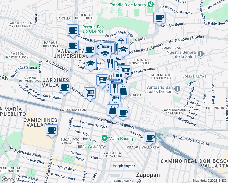 map of restaurants, bars, coffee shops, grocery stores, and more near 4800 Avenida Inglaterra in Zapopan