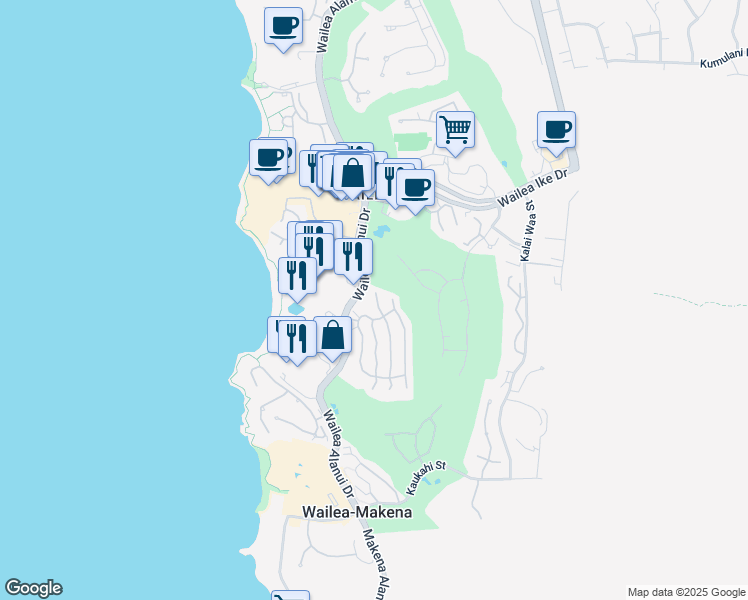 map of restaurants, bars, coffee shops, grocery stores, and more near 93 Makakehau Street in Kihei