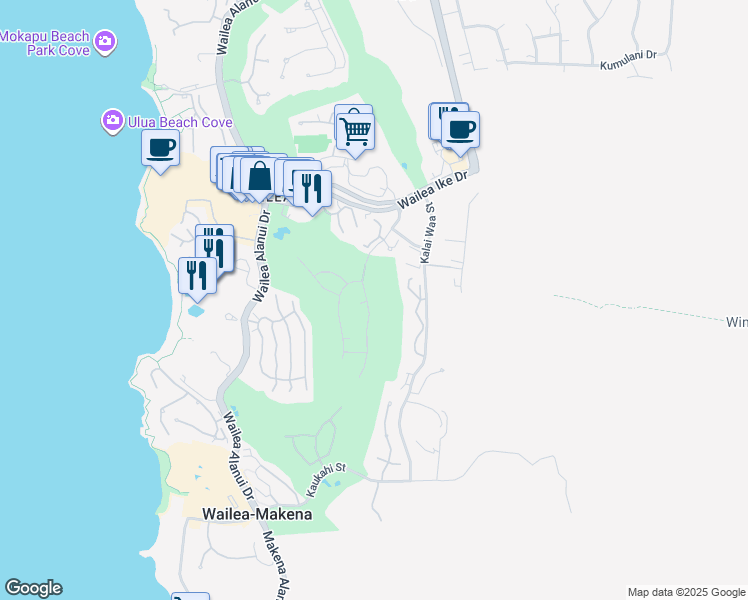 map of restaurants, bars, coffee shops, grocery stores, and more near 3875 Wailea Ekolu Place in Kihei