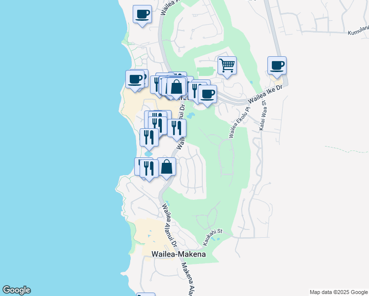 map of restaurants, bars, coffee shops, grocery stores, and more near 93 Makakehau Street in Kihei