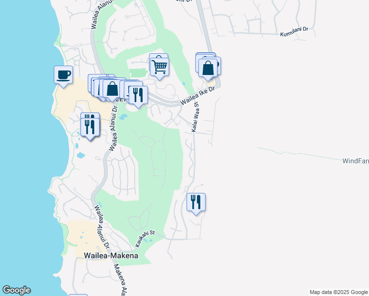 map of restaurants, bars, coffee shops, grocery stores, and more near 3950 Kalai Waa Street in Kihei