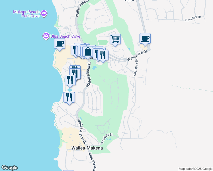 map of restaurants, bars, coffee shops, grocery stores, and more near 192 Halau Place in Kihei