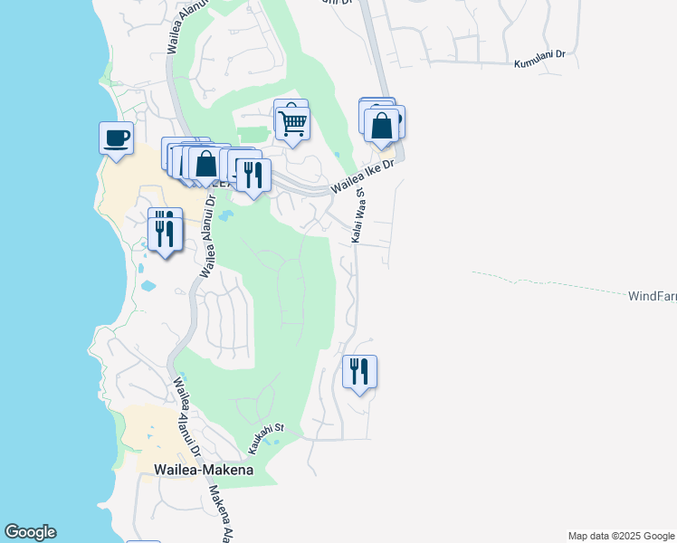 map of restaurants, bars, coffee shops, grocery stores, and more near 3950 Kalai Waa Street in Kihei