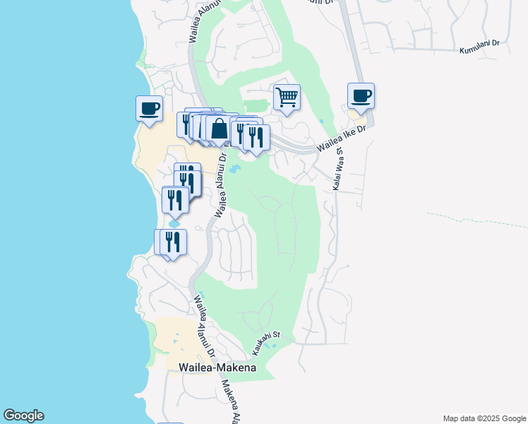 map of restaurants, bars, coffee shops, grocery stores, and more near 186 Halau Place in Kihei