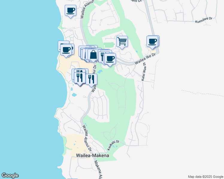 map of restaurants, bars, coffee shops, grocery stores, and more near 144 Halau Place in Kihei