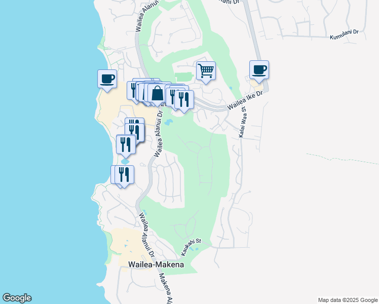 map of restaurants, bars, coffee shops, grocery stores, and more near 186 Halau Place in Kihei