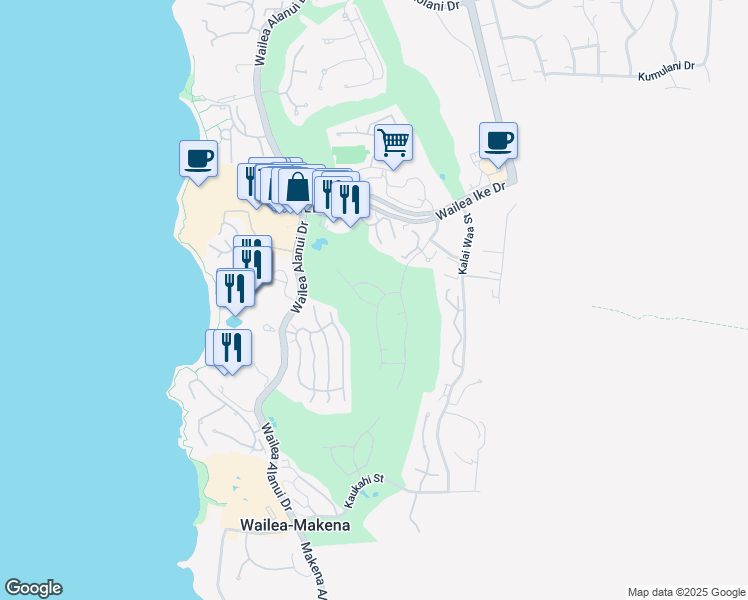map of restaurants, bars, coffee shops, grocery stores, and more near 197 Halau Place in Kihei