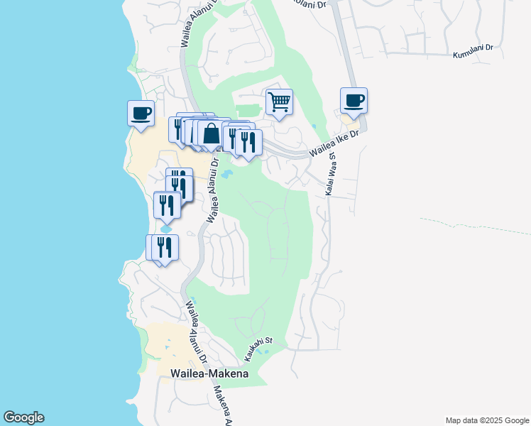 map of restaurants, bars, coffee shops, grocery stores, and more near 197 Halau Place in Kihei