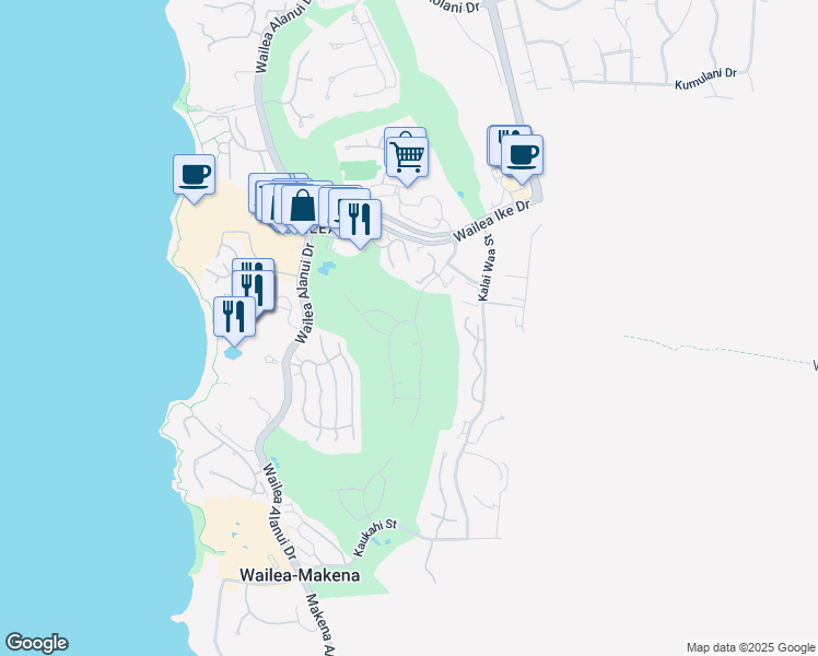 map of restaurants, bars, coffee shops, grocery stores, and more near 3857 Waakaula Place in Kihei