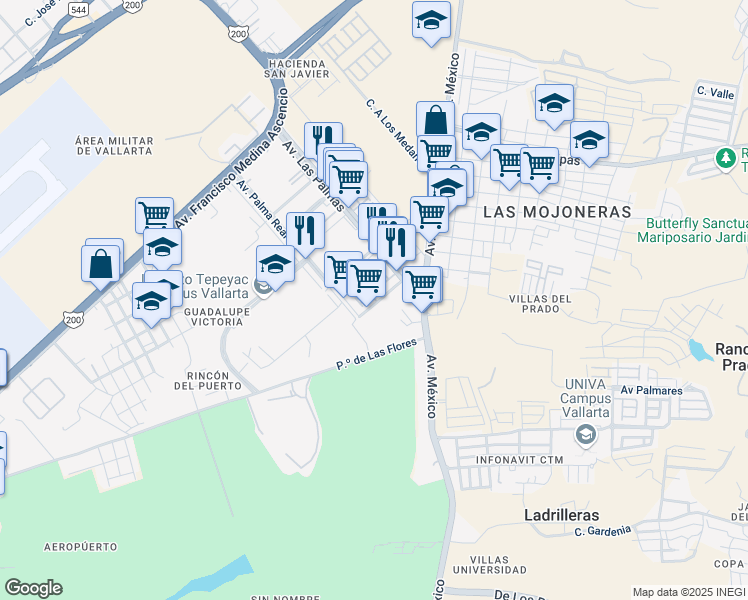 map of restaurants, bars, coffee shops, grocery stores, and more near 143 Palma Kentia in Puerto Vallarta