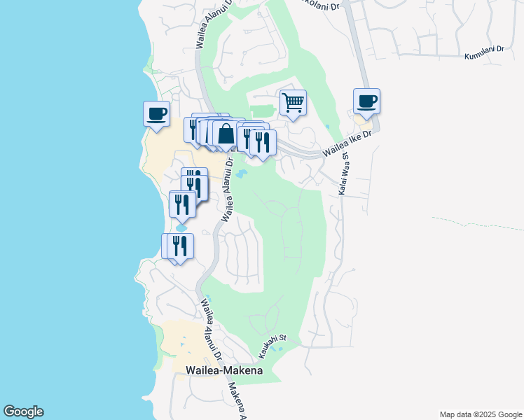 map of restaurants, bars, coffee shops, grocery stores, and more near 100 Wailea Ike Drive in Wailea-Makena