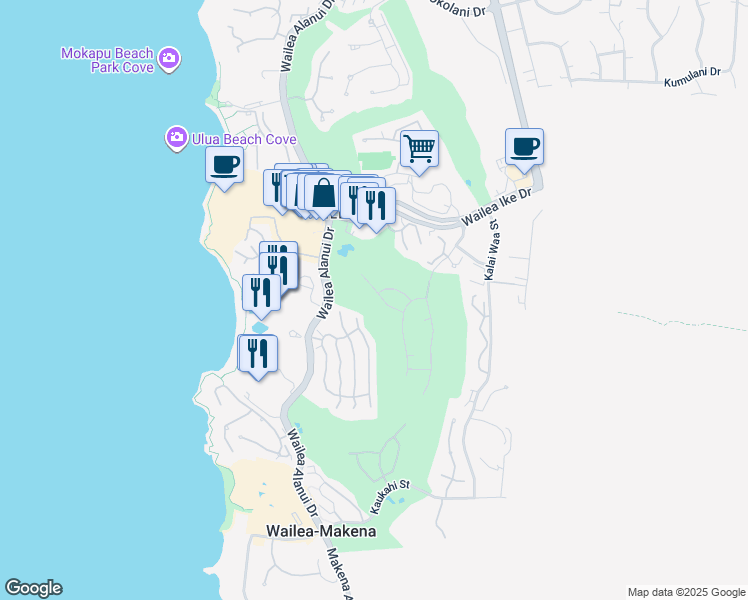 map of restaurants, bars, coffee shops, grocery stores, and more near 180 Halau Place in Kihei
