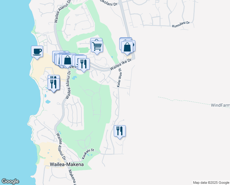 map of restaurants, bars, coffee shops, grocery stores, and more near 3950 Kalai Waa Street in Kihei