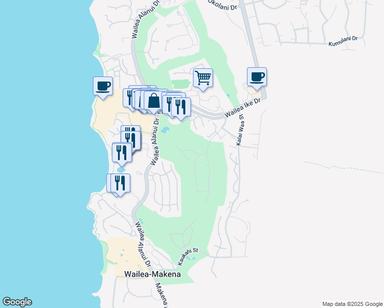 map of restaurants, bars, coffee shops, grocery stores, and more near 192 Lolowaa Place in Kihei