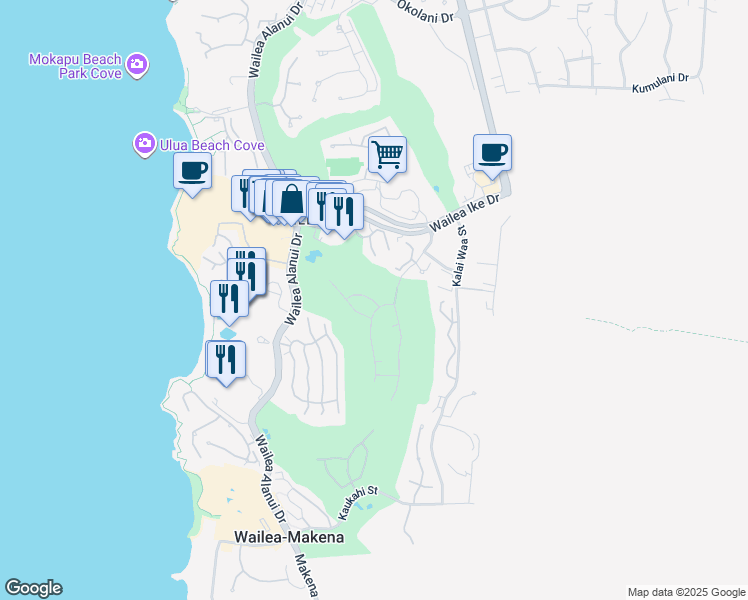map of restaurants, bars, coffee shops, grocery stores, and more near Lolowaa Place in Wailea-Makena