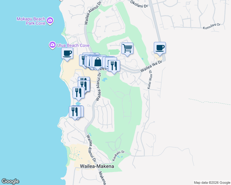 map of restaurants, bars, coffee shops, grocery stores, and more near 184 Lolowaa Place in Kihei