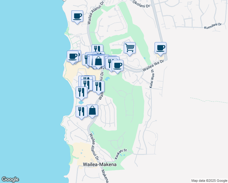 map of restaurants, bars, coffee shops, grocery stores, and more near 180 Halau Place in Kihei