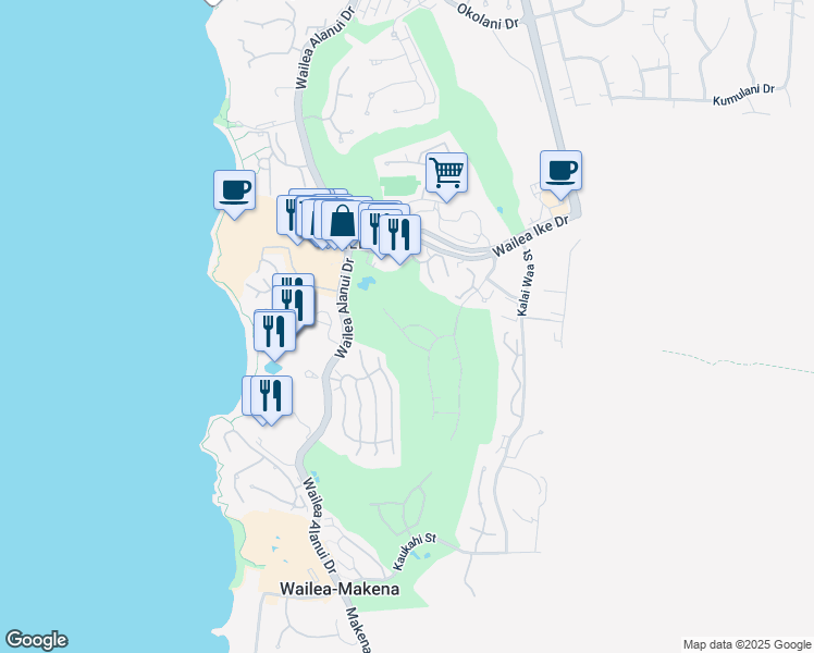 map of restaurants, bars, coffee shops, grocery stores, and more near 156 Halau Place in Kihei