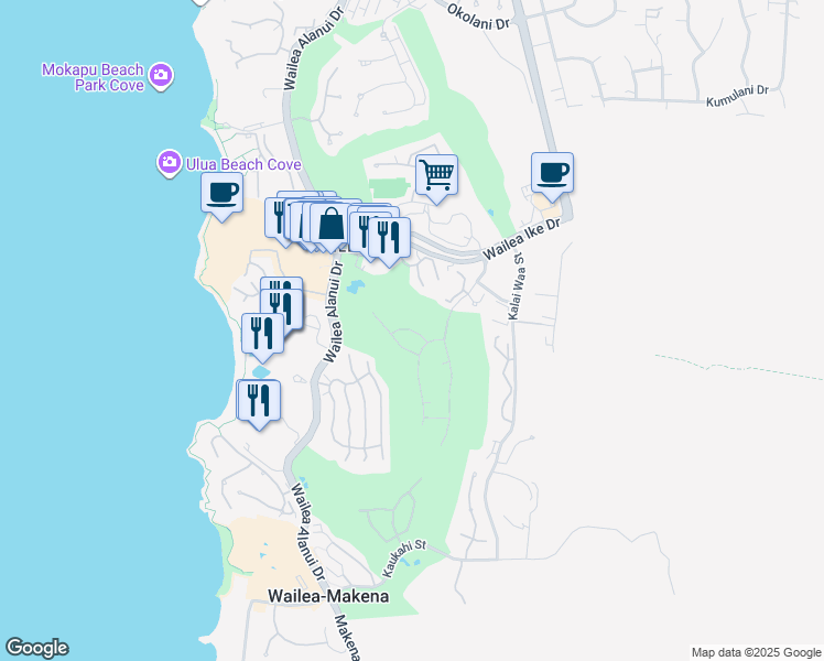 map of restaurants, bars, coffee shops, grocery stores, and more near Lolowaa Place in Wailea-Makena