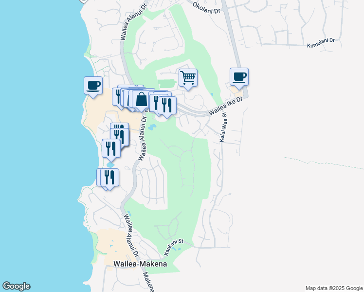 map of restaurants, bars, coffee shops, grocery stores, and more near 195 Lolowaa Place in Kihei