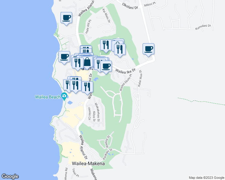 map of restaurants, bars, coffee shops, grocery stores, and more near 191 Lolowaa Place in Kihei