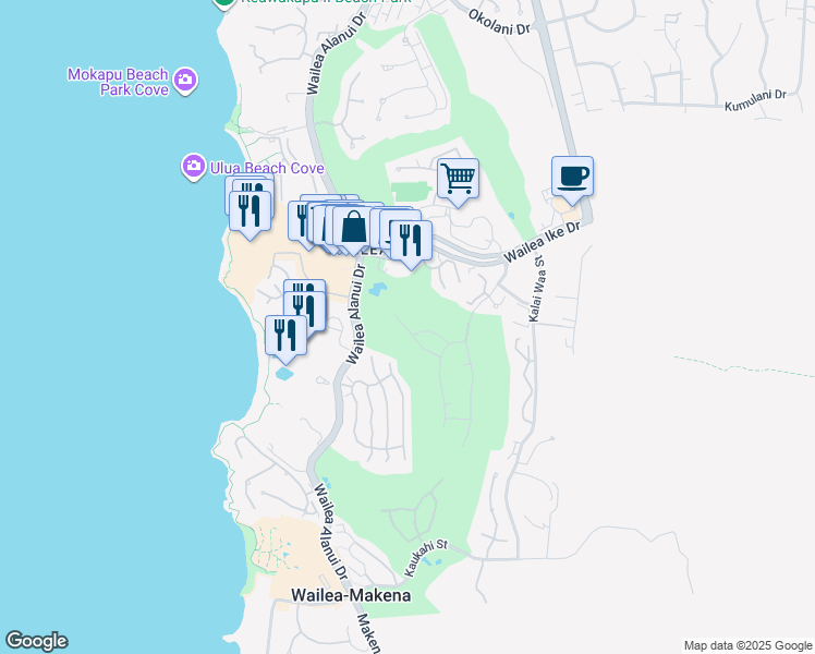 map of restaurants, bars, coffee shops, grocery stores, and more near 184 Lolowaa Place in Kihei