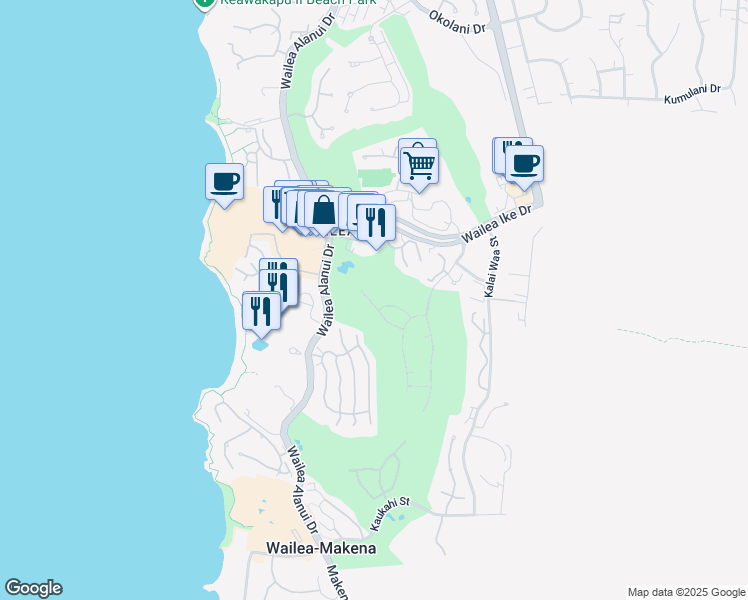 map of restaurants, bars, coffee shops, grocery stores, and more near 156 Halau Place in Kihei