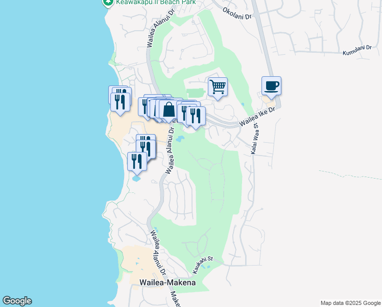 map of restaurants, bars, coffee shops, grocery stores, and more near 162 Halau Place in Kihei