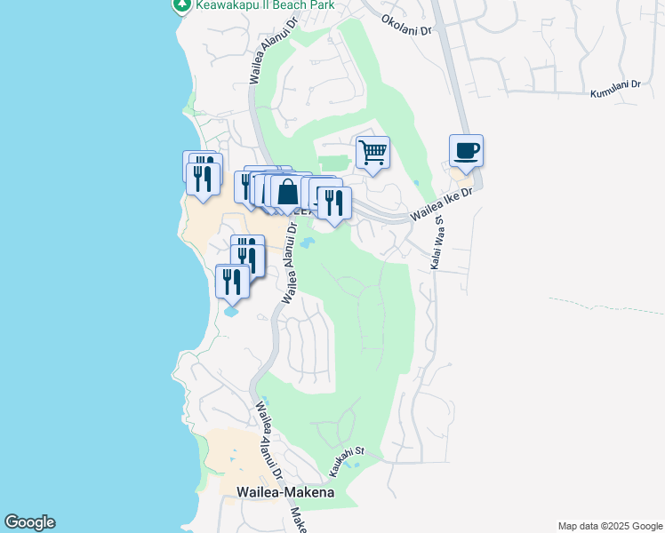 map of restaurants, bars, coffee shops, grocery stores, and more near 100 Wailea Ike Drive in Wailea-Makena