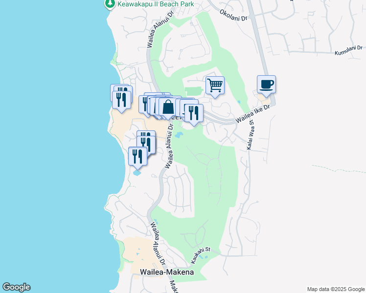 map of restaurants, bars, coffee shops, grocery stores, and more near 150 Halau Place in Kihei