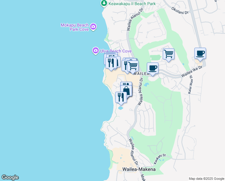 map of restaurants, bars, coffee shops, grocery stores, and more near 3800 Wailea Alanui Drive in Kihei