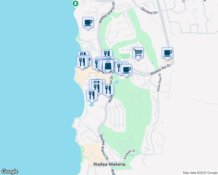 map of restaurants, bars, coffee shops, grocery stores, and more near Wailea Alanui Drive in Kihei