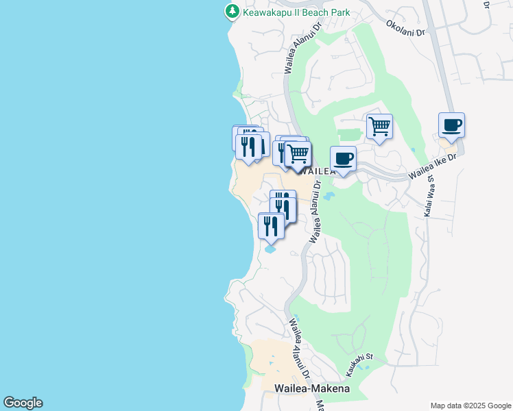 map of restaurants, bars, coffee shops, grocery stores, and more near 3800 Wailea Alanui Drive in Kihei