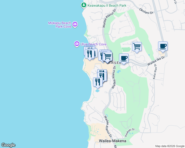 map of restaurants, bars, coffee shops, grocery stores, and more near 3600 Wailea Beach Path in Kihei