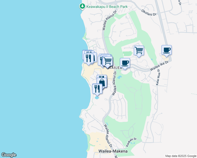 map of restaurants, bars, coffee shops, grocery stores, and more near 3800 Wailea Alanui Drive in Kihei