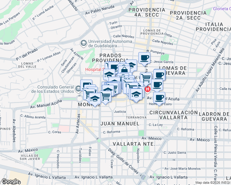 map of restaurants, bars, coffee shops, grocery stores, and more near 567 Goya in Guadalajara