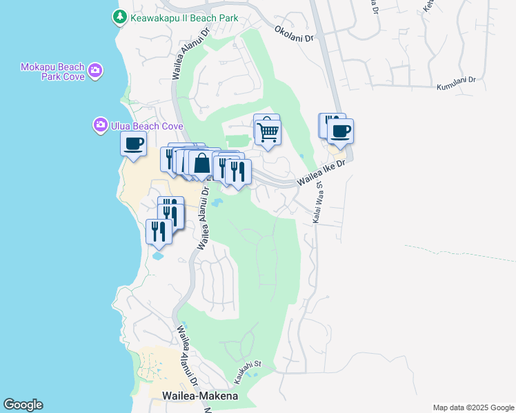map of restaurants, bars, coffee shops, grocery stores, and more near 144 Halau Place in Wailea-Makena
