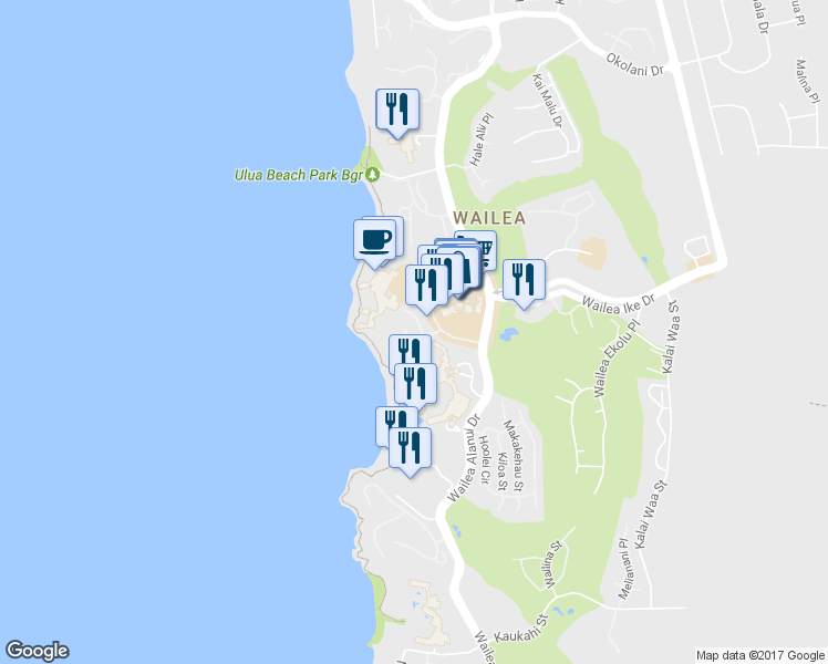 map of restaurants, bars, coffee shops, grocery stores, and more near 3800 Wailea Alanui Drive in Kihei