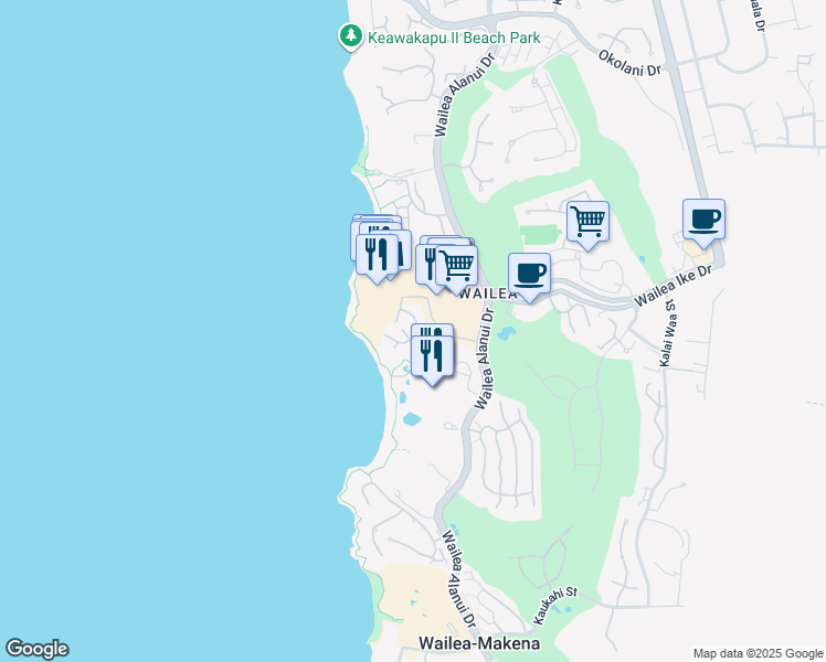 map of restaurants, bars, coffee shops, grocery stores, and more near 3800 Wailea Alanui Drive in Kihei