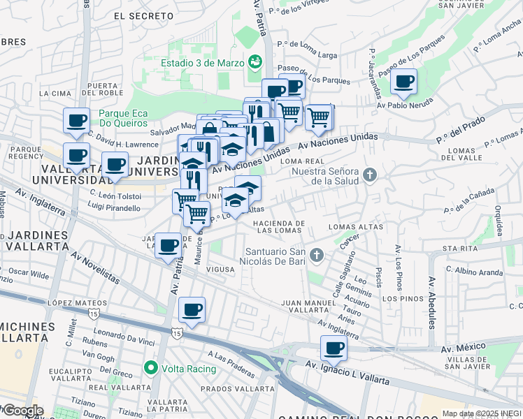 map of restaurants, bars, coffee shops, grocery stores, and more near in Zapopan