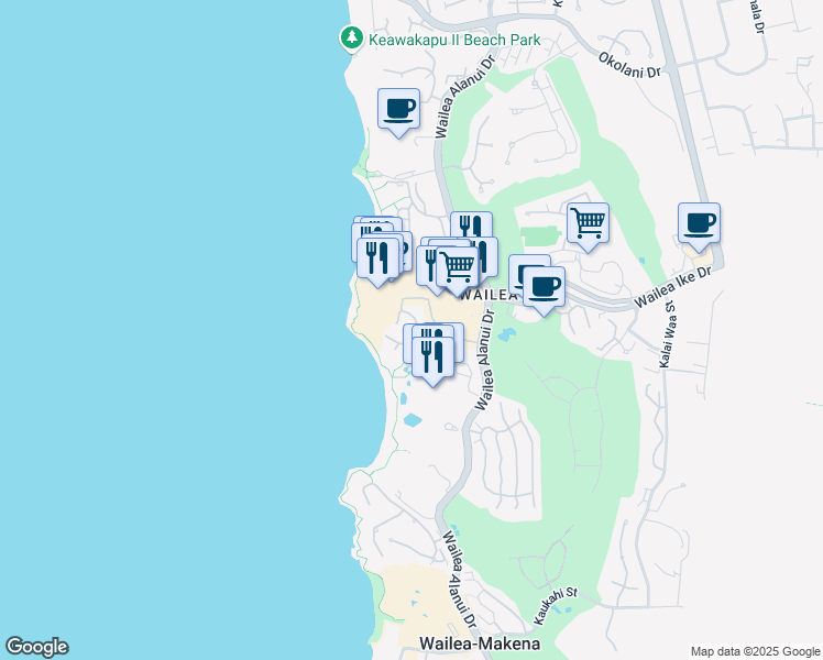map of restaurants, bars, coffee shops, grocery stores, and more near 3800 Wailea Alanui Drive in Wailea-Makena