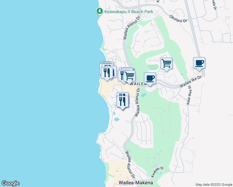 map of restaurants, bars, coffee shops, grocery stores, and more near 3800 Wailea Alanui Drive in Kihei