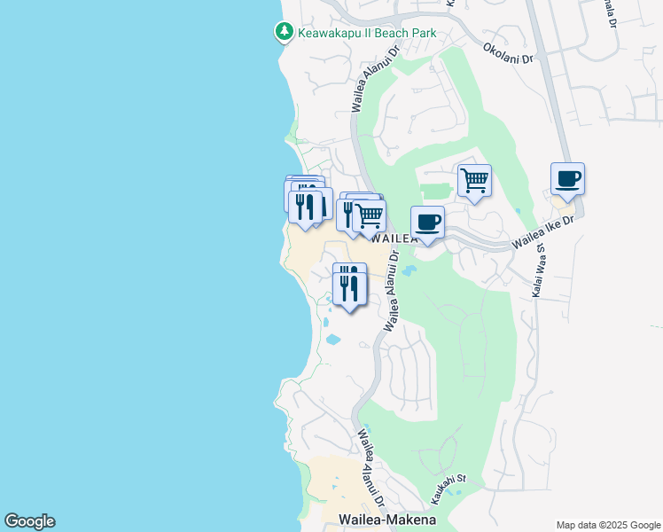 map of restaurants, bars, coffee shops, grocery stores, and more near 3800 Wailea Alanui Drive in Kihei