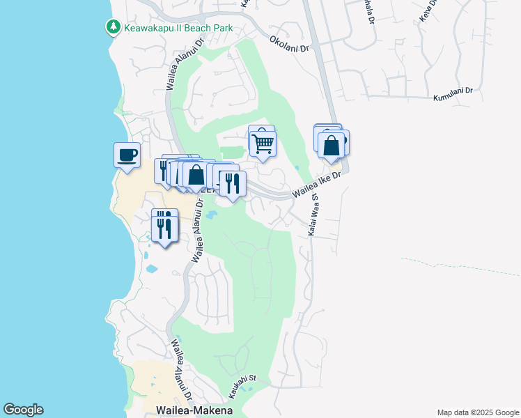 map of restaurants, bars, coffee shops, grocery stores, and more near 10 Wailea Ekolu Place in Kihei