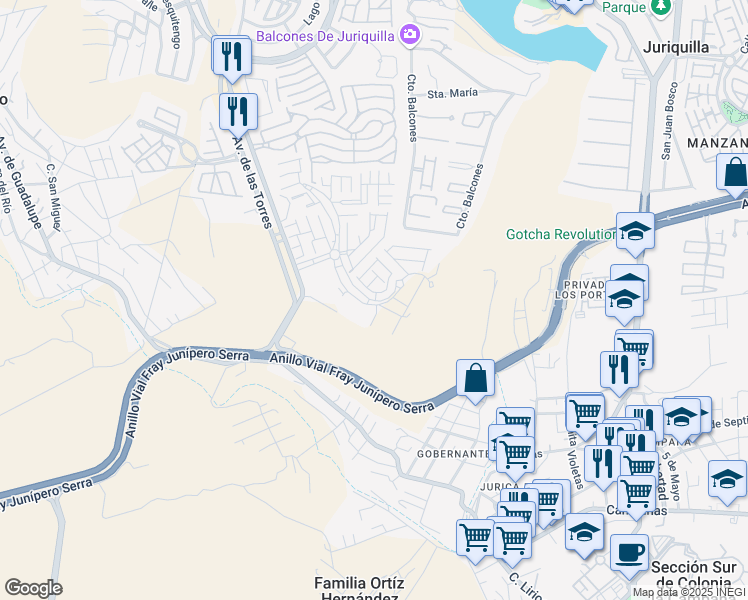 map of restaurants, bars, coffee shops, grocery stores, and more near 1142 Circuito Altos Juriquilla in Juriquilla