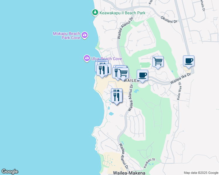 map of restaurants, bars, coffee shops, grocery stores, and more near 3800 Wailea Alanui Drive in Kihei