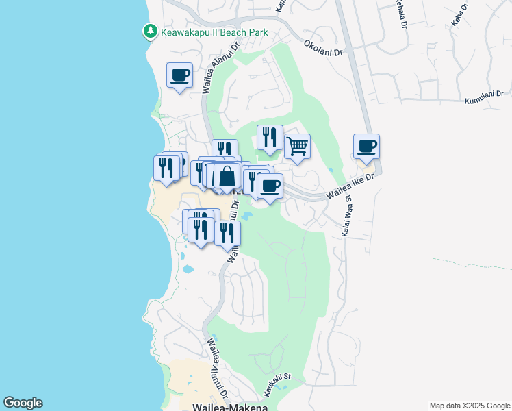 map of restaurants, bars, coffee shops, grocery stores, and more near 100 Wailea Ike Drive in Wailea-Makena